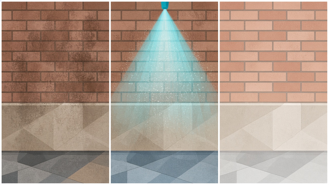 Illustration of dirty, rinsing, and cleaned exterior surfaces
